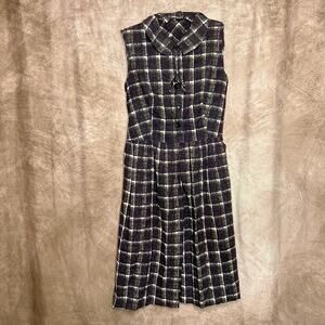 Vintage 60s Handmade Fit & Flare Midi Dress Checkered Cross Hatch Sleeveless Mod